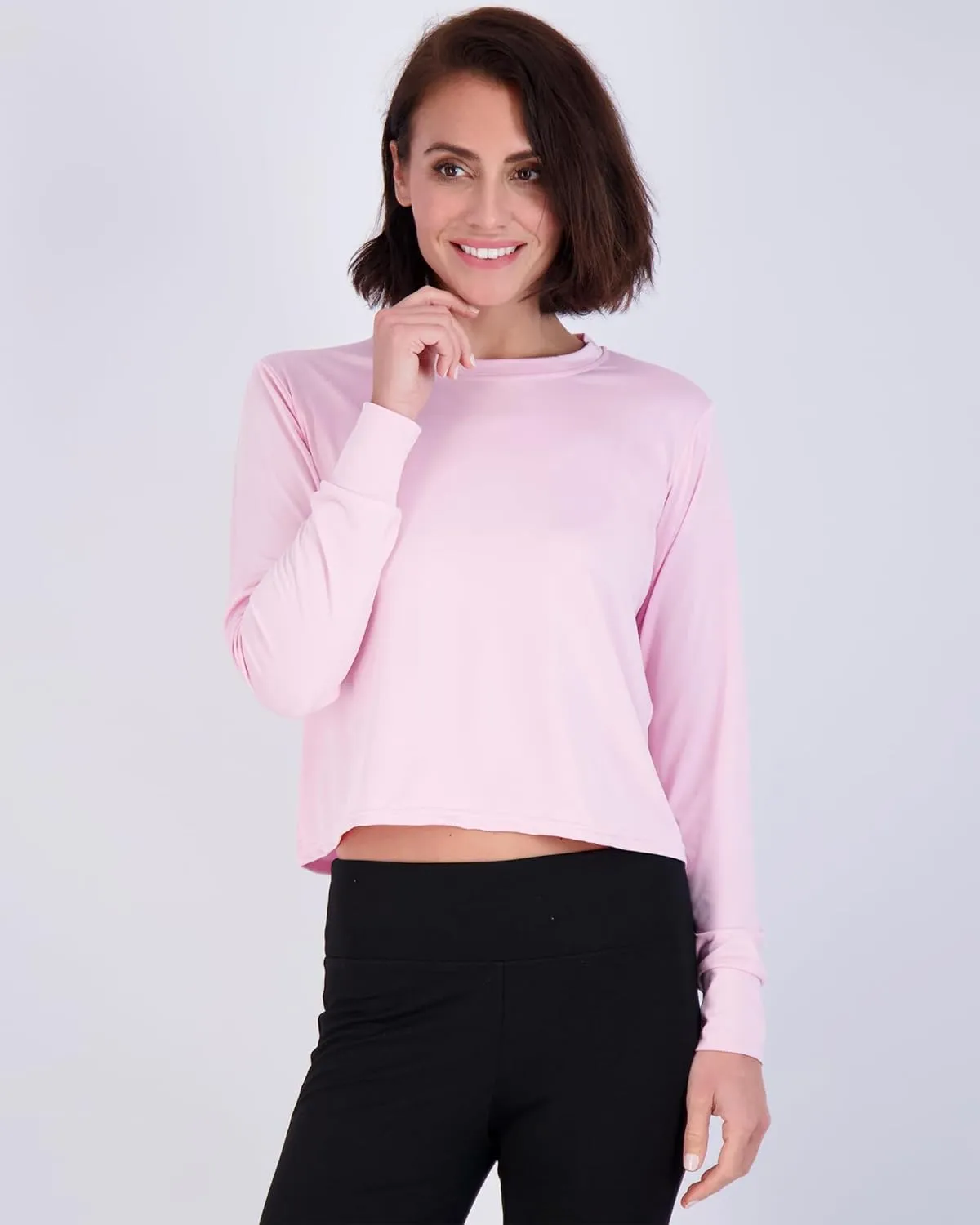 Real Essentials 5 Pack: Women's Dry Fit Crop Top - Long Sleeve Crew Neck Stretch Athletic Tee (Available in Plus Size)