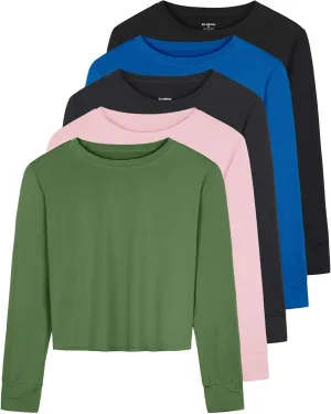 Real Essentials 5 Pack: Women's Dry Fit Crop Top - Long Sleeve Crew Neck Stretch Athletic Tee (Available in Plus Size)