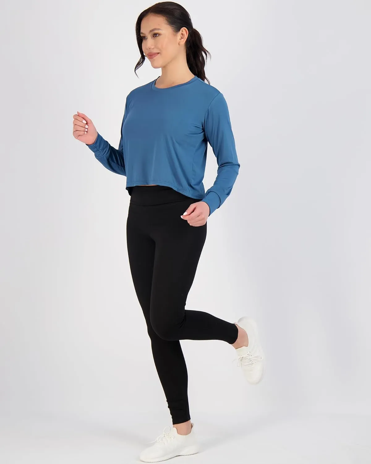Real Essentials 5 Pack: Women's Dry Fit Crop Top - Long Sleeve Crew Neck Stretch Athletic Tee (Available in Plus Size)