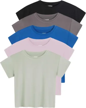Real Essentials 5 Pack: Women's Dry Fit Crop Top - Short Sleeve Crew Neck Stretch Athletic Tee (Available in Plus Size)