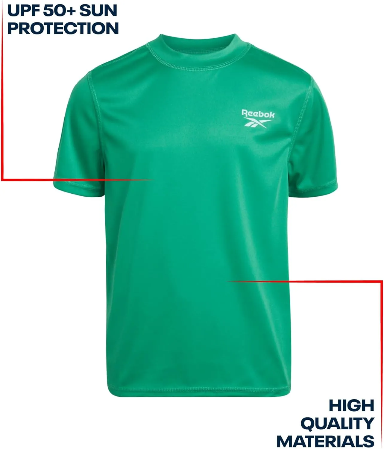 Reebok Boys Swim Shirt - 2 Pack Short Sleeve Rash Guard for Boys UPF 50  Quick Dry Kids Swimwear Sun Shirt for Summer