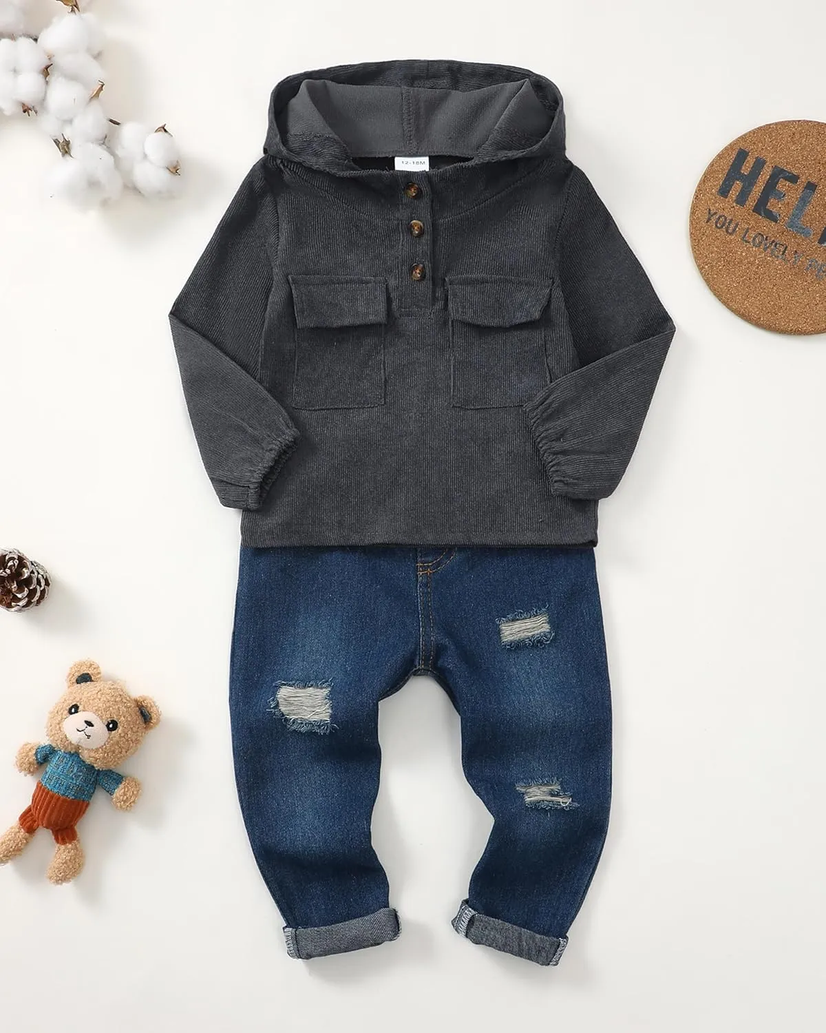 Renotemy Toddler Infant Baby Boy Clothes Winter Fall Outfits Hoodie Sweatsuit Ripped Jeans Denim Toddler Clothes for Boys