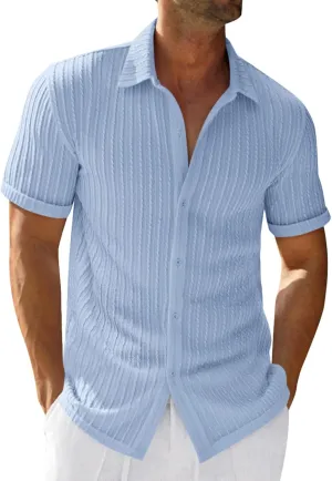 Runcati Men's Casual Button Down Shirts Short Sleeve Textured Shirt Summer Beach Tops