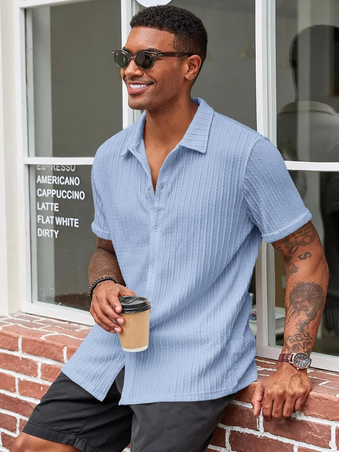 Runcati Men's Casual Button Down Shirts Short Sleeve Textured Shirt Summer Beach Tops