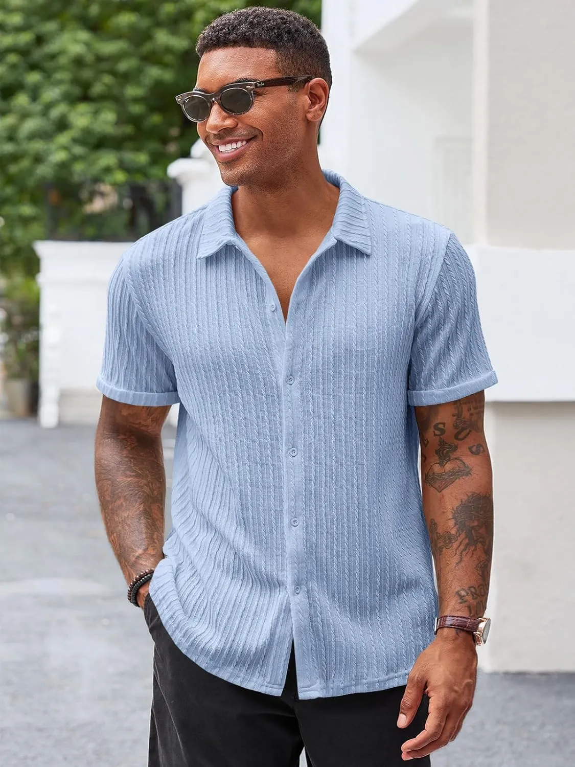 Runcati Men's Casual Button Down Shirts Short Sleeve Textured Shirt Summer Beach Tops