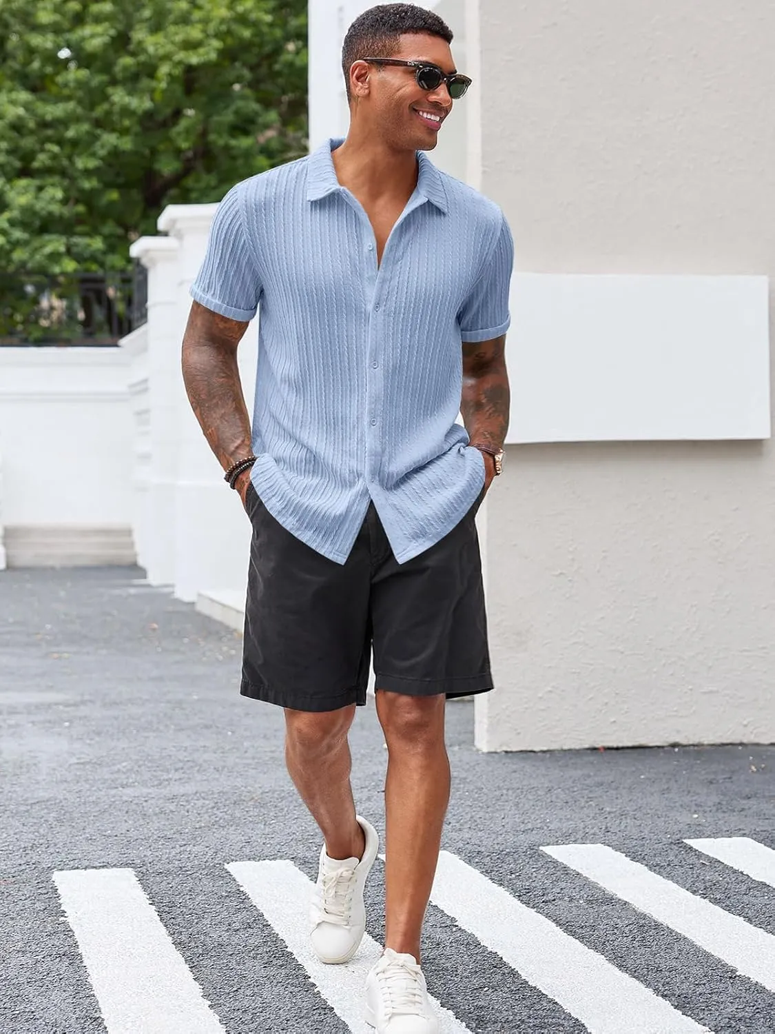 Runcati Men's Casual Button Down Shirts Short Sleeve Textured Shirt Summer Beach Tops