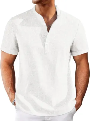 Runcati Mens Henley Shirts Short Sleeve Casual Linen Band Collar T-Shirt Summer Beach Vacation Tops