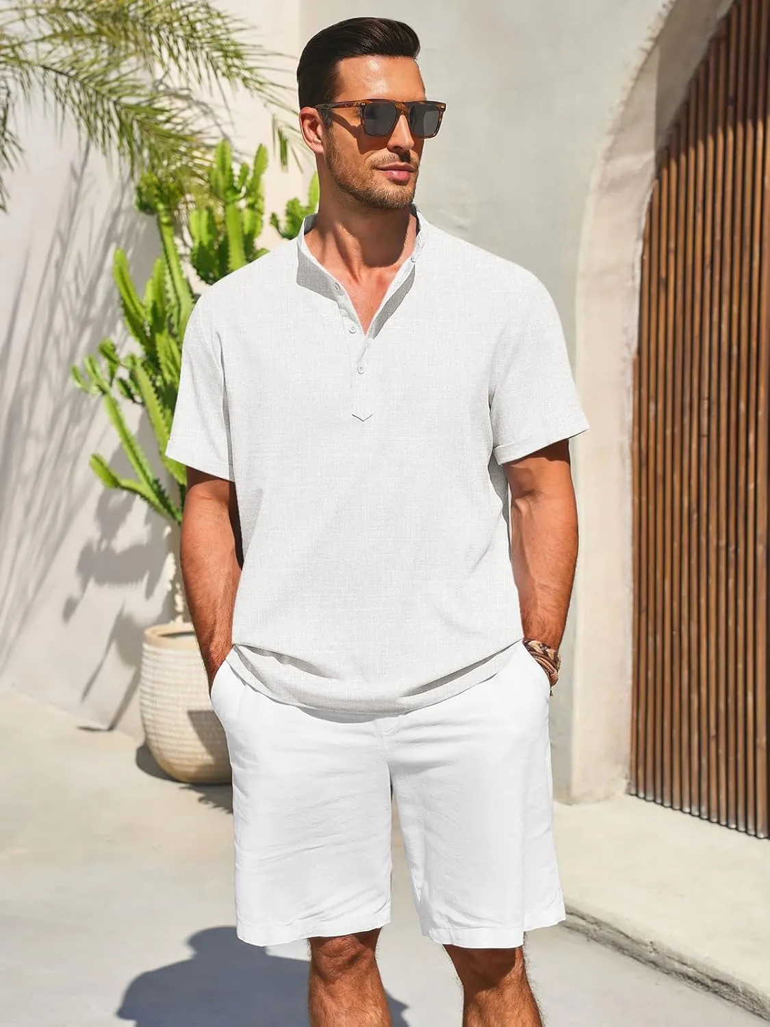 Runcati Mens Henley Shirts Short Sleeve Casual Linen Band Collar T-Shirt Summer Beach Vacation Tops