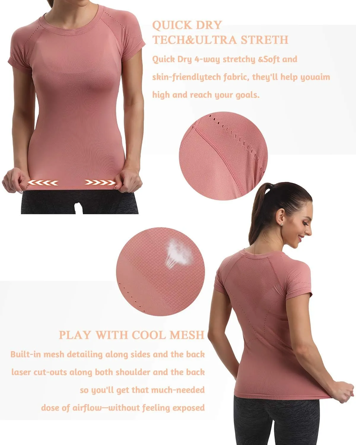 RUNNING GIRL Seamless Workout Shirts for WomenShort Sleeve T-Shirt Stretch Tees Quick Dry Gym Athletic Tops
