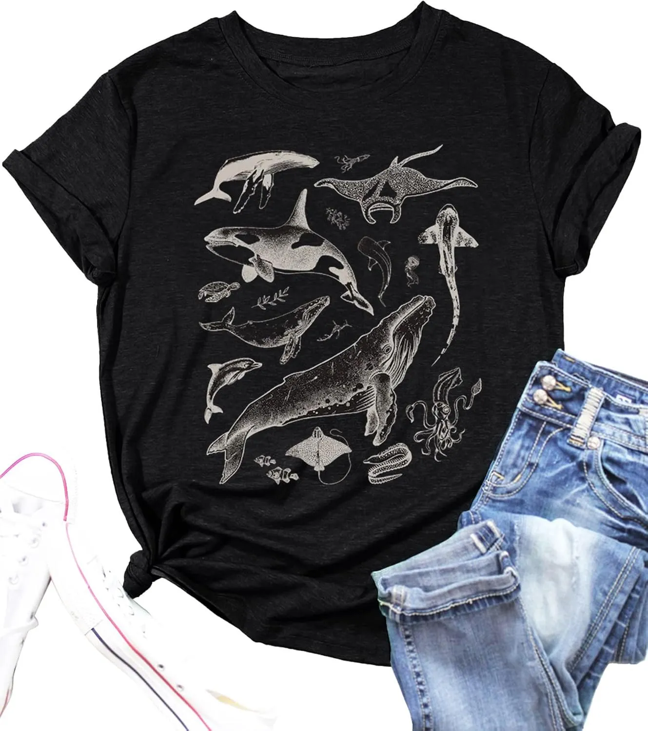 Sand Beach Shirts Women Vintage 80s 90s Tattoo Sea Animal Tshirt Summer Ocean Nature Tops Marine Animal Tee