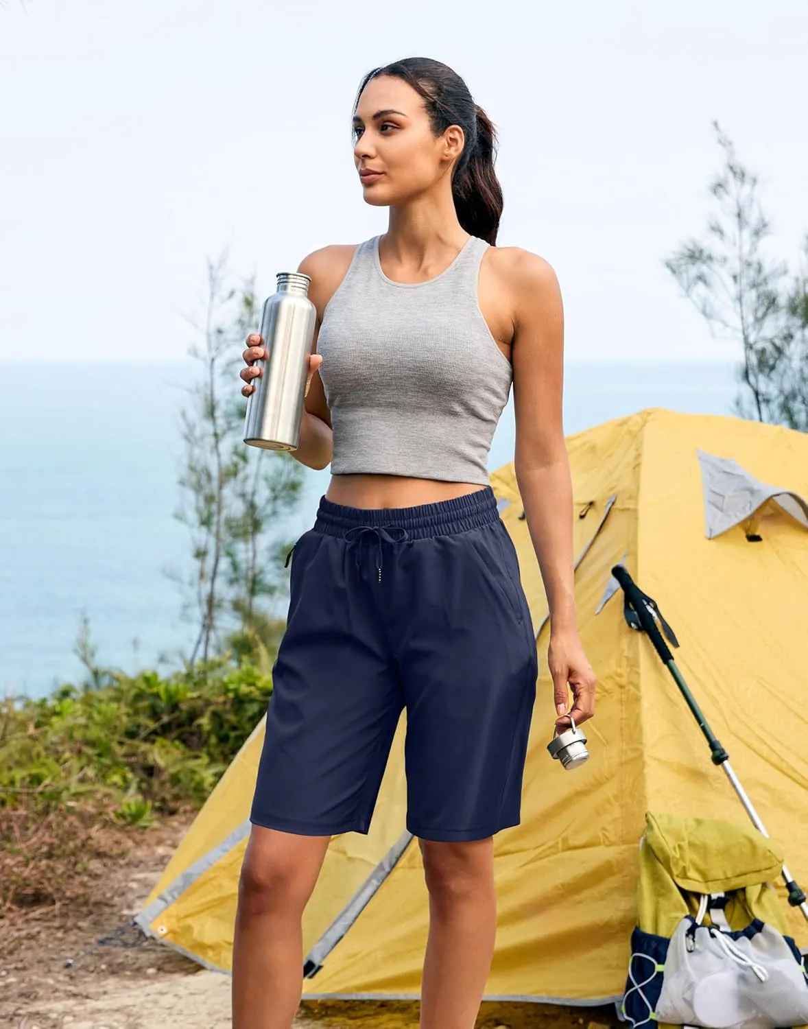 SANTINY Women's 7''/ 9'' Hiking Shorts with 3 Zipper Pockets Lightweight Quick Dry Long Athletic Golf Shorts for Women Casual