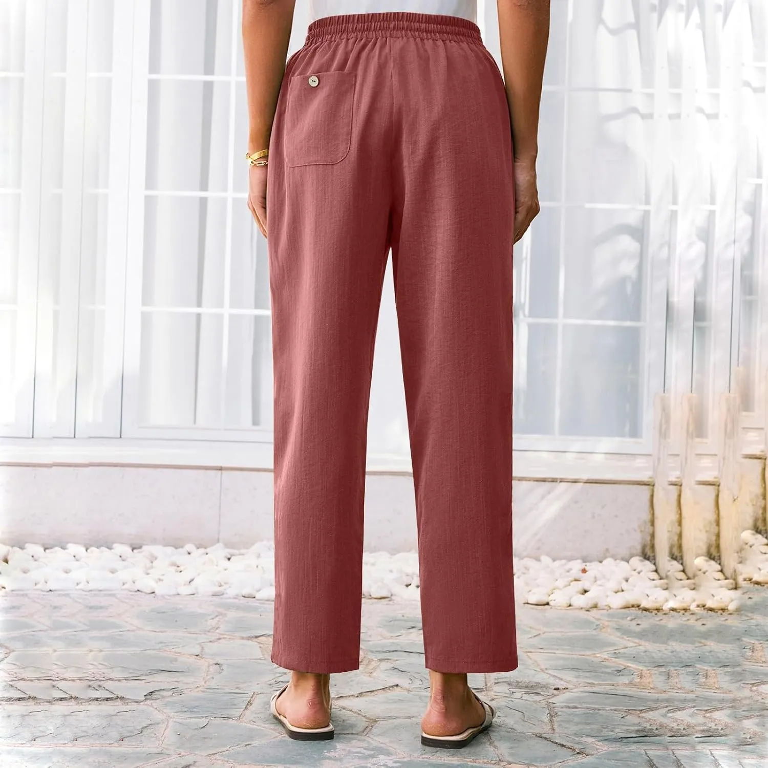SGASY Women's Cotton Linen Straight Leg Pants Elastic Drawstring Casual Trousers with Pockets Summer Beach Lounge Trouser