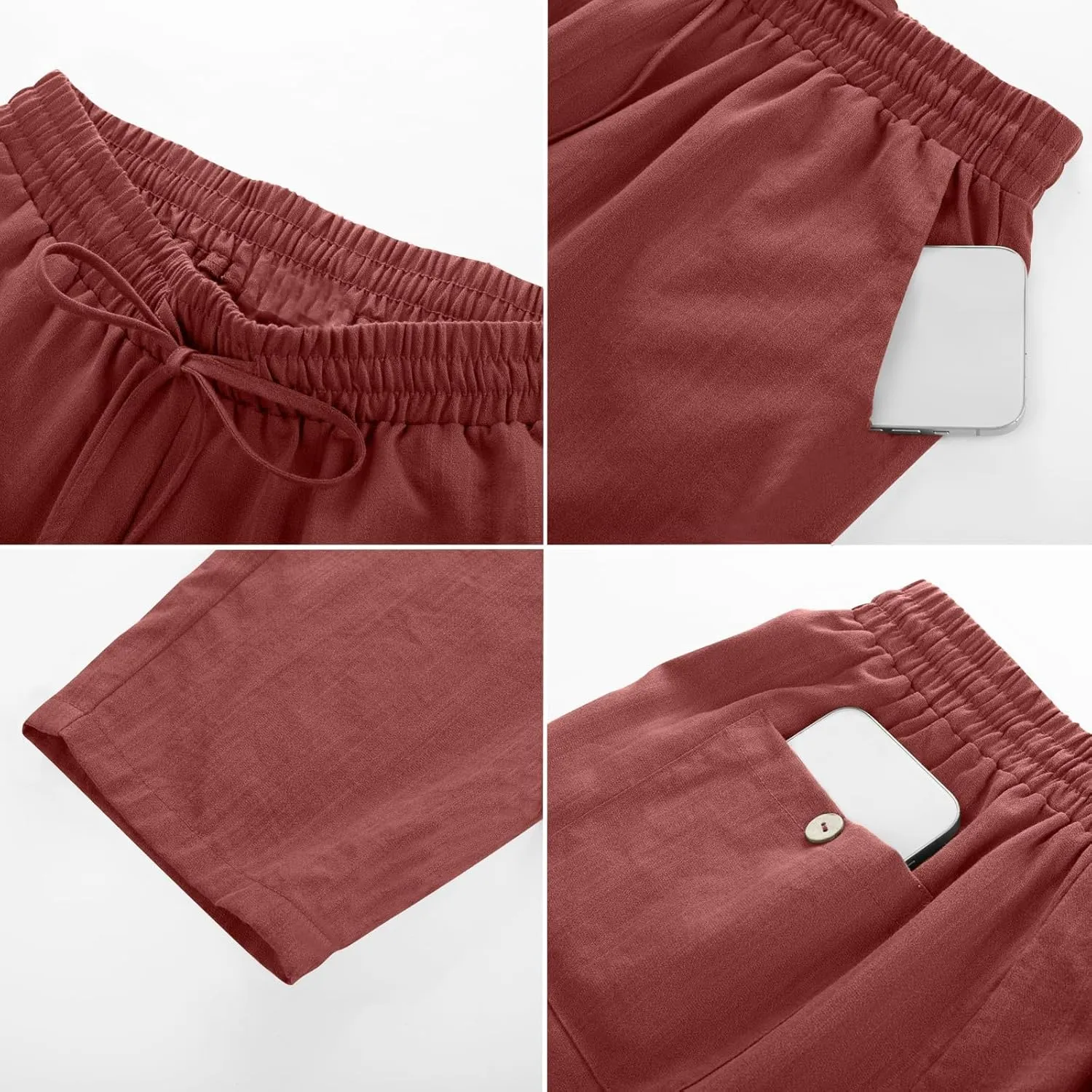 SGASY Women's Cotton Linen Straight Leg Pants Elastic Drawstring Casual Trousers with Pockets Summer Beach Lounge Trouser