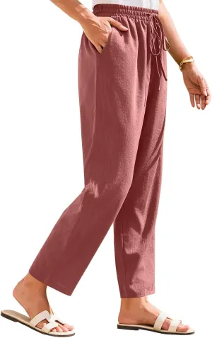 SGASY Women's Cotton Linen Straight Leg Pants Elastic Drawstring Casual Trousers with Pockets Summer Beach Lounge Trouser