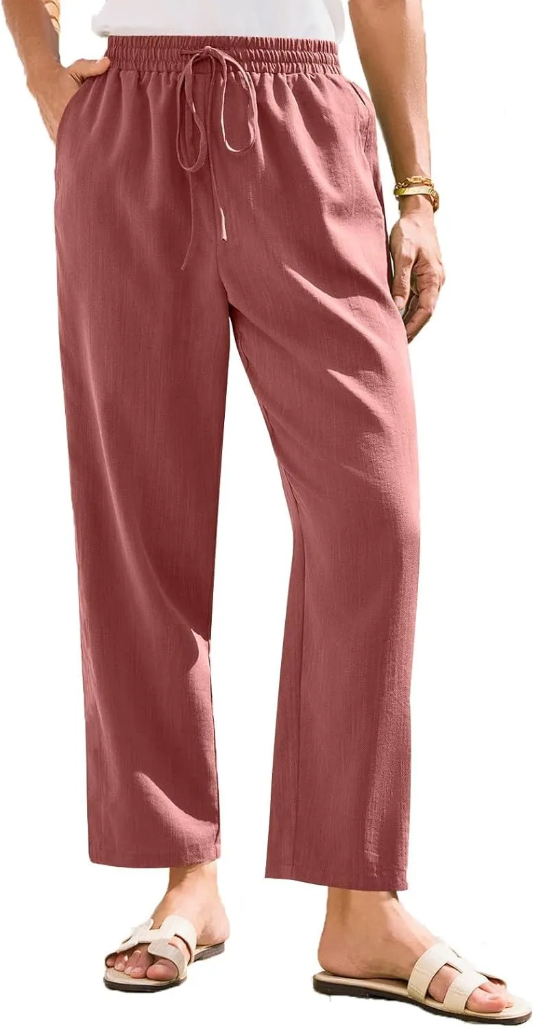 SGASY Women's Cotton Linen Straight Leg Pants Elastic Drawstring Casual Trousers with Pockets Summer Beach Lounge Trouser