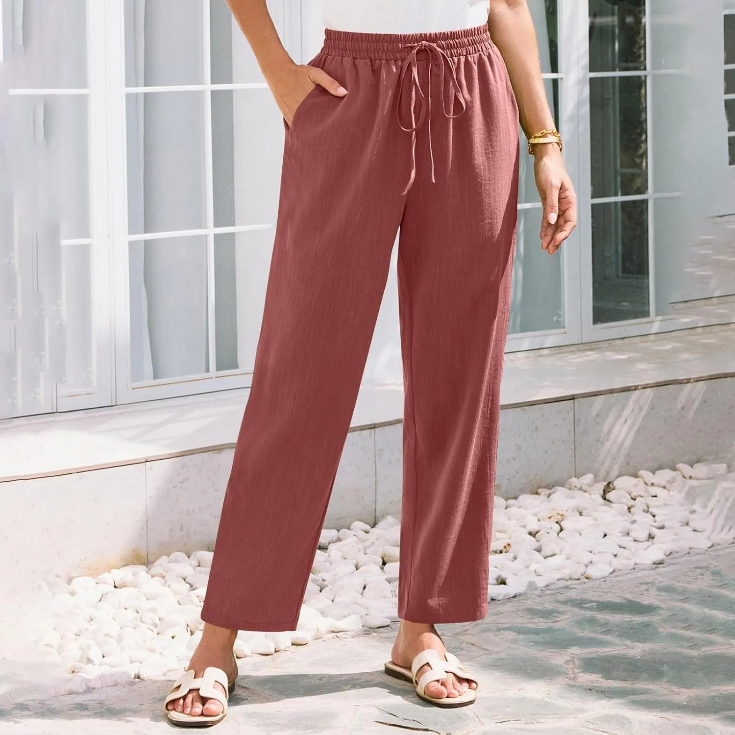 SGASY Women's Cotton Linen Straight Leg Pants Elastic Drawstring Casual Trousers with Pockets Summer Beach Lounge Trouser