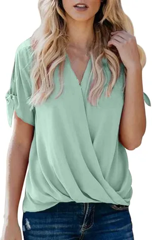 SHAOBGE Womens Tank Tops Summer Wrap V Neck Sleeveless/Short Sleeve Blouse Trendy Pleated Tanks Vest Elegant Tunic Tee Shirt