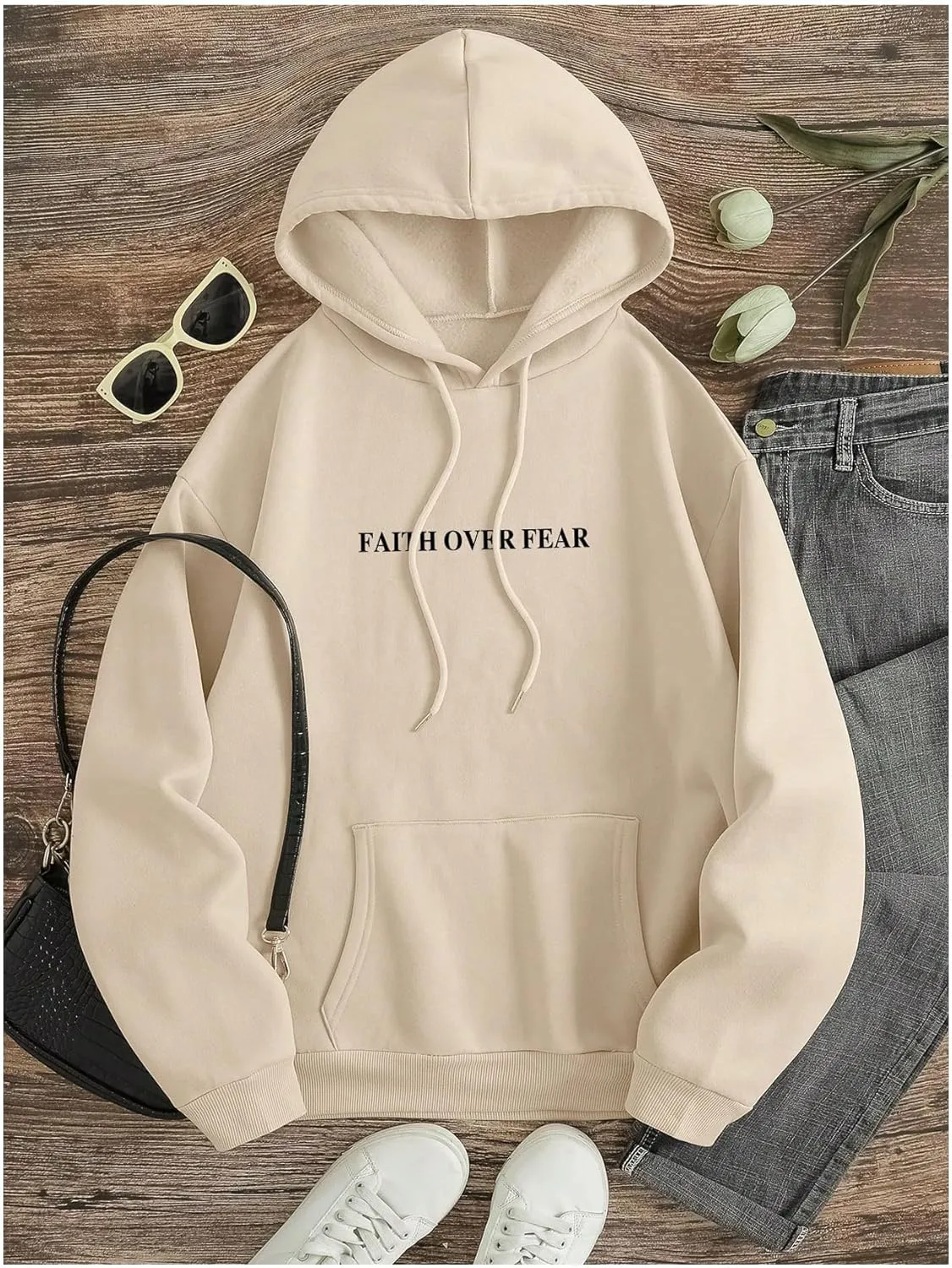 SHENHE Women's Graphic Hoodie Slogan Faith Over Fear Christian Hoodie Pullover Sweatshirt
