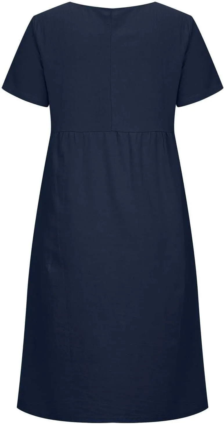 Short Sleeve Midi Dress for Women Summer Cotton Linen Dresses Flowy A Line Plus Size Dresses Shirt Dress with Pocket