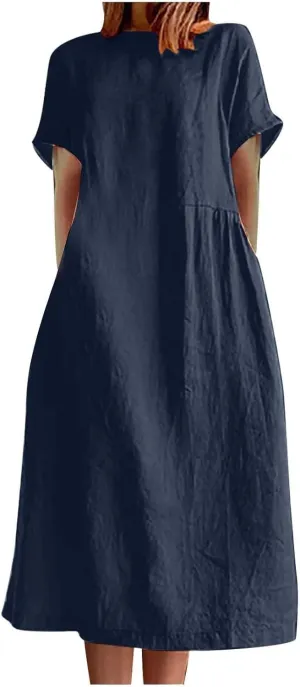 Short Sleeve Midi Dress for Women Summer Cotton Linen Dresses Flowy A Line Plus Size Dresses Shirt Dress with Pocket