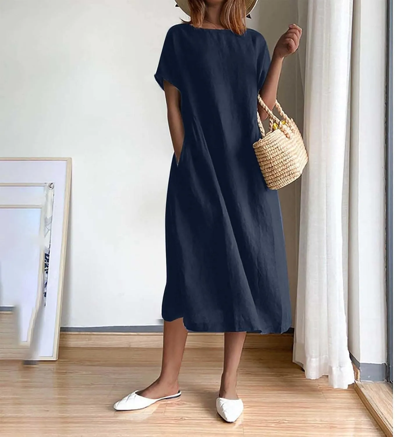 Short Sleeve Midi Dress for Women Summer Cotton Linen Dresses Flowy A Line Plus Size Dresses Shirt Dress with Pocket
