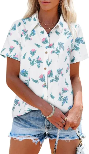 siliteelon Womens Button Down Shirts Short Sleeve Summer Linen V Neck Collared Hawaiian Floral Print Casual Blouse Tops
