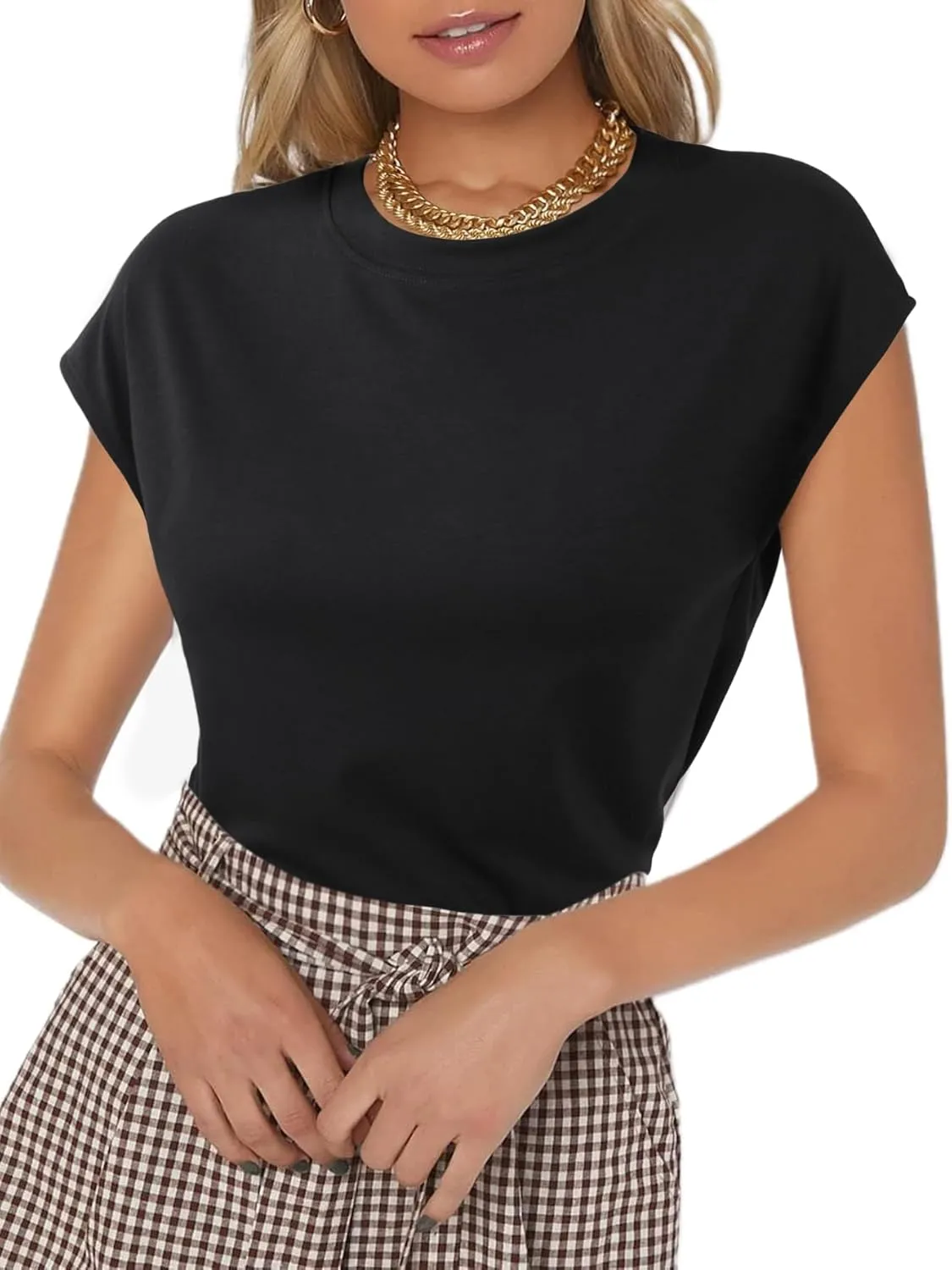 SOFIA'S CHOICE Women's Shoulder Pad Tops Summer Casual Tank Top Round Neck Loose Sleeveless Shirt