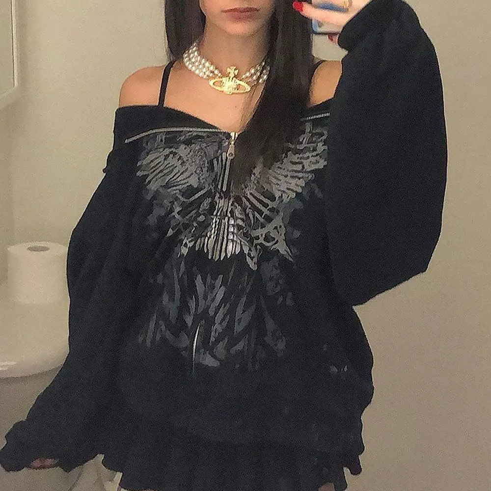 SOLILOQUY Women Zip Up Hoodie Y2k Vintage Graphic Oversized Hooded Sweatshirt Jacket Pullover Coats Harajuku Streetwear