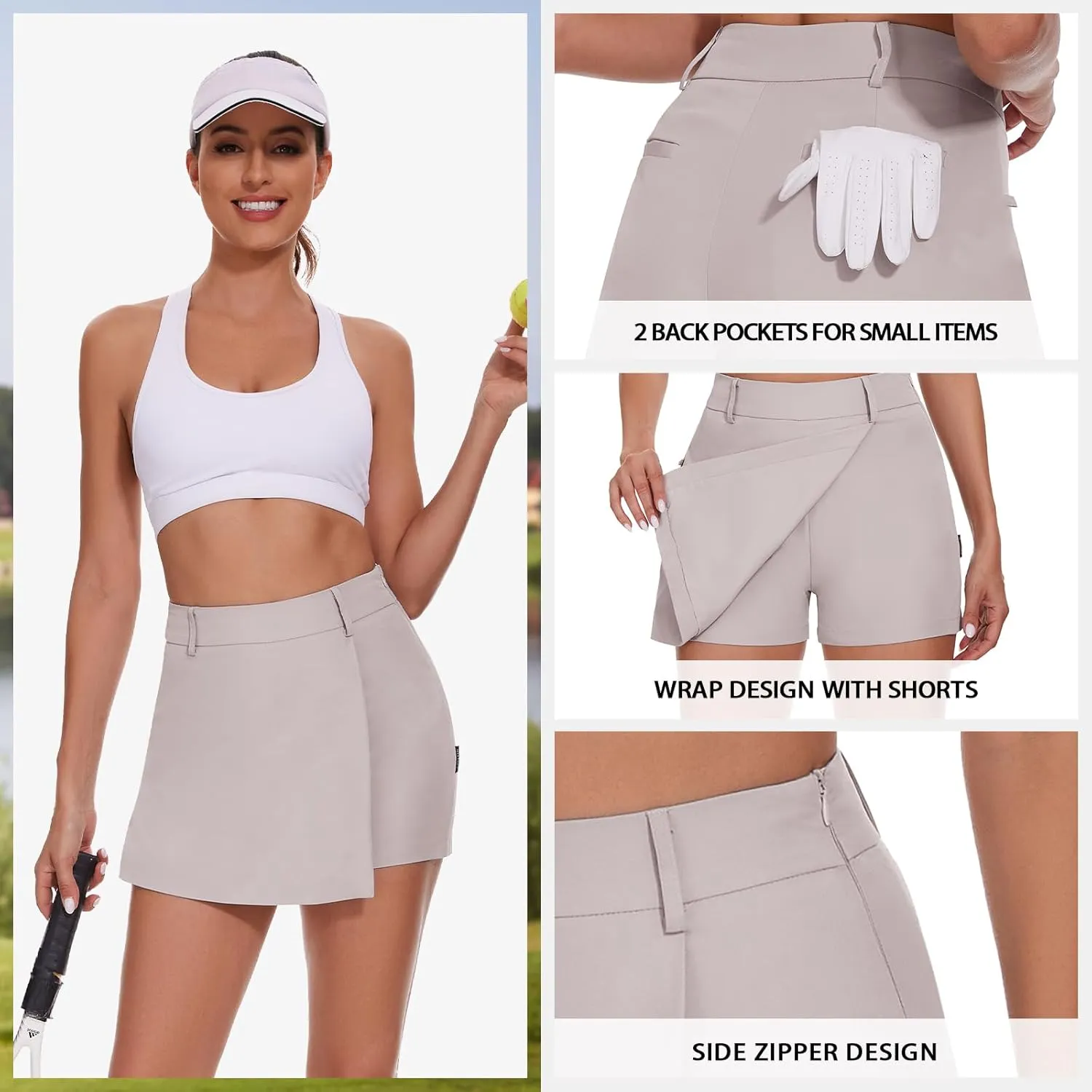 Soneven Women's Golf Skorts Skirts 15'' High Waisted Golf Shorts Athletic Tennis Skirt Built-in Shorts with Pockets