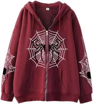 Spider Web Y2K Graphic Zip Up Hoodies Women Oversized Streetshirt E-Girl Long Sleeve Sweatwear Jackets Halloween