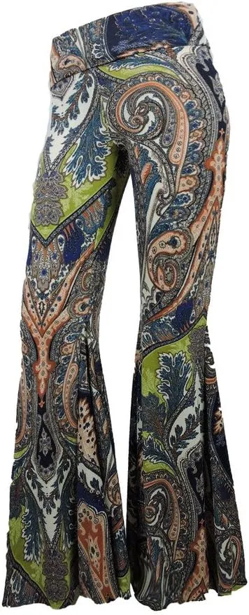 SugarRock Women Paisley Palazzo Hippie Pants Fold-Over Waist Bell Bottom Leg