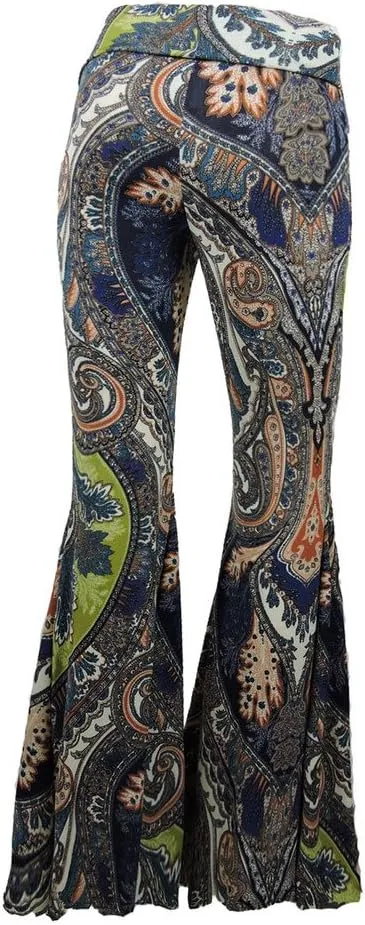 SugarRock Women Paisley Palazzo Hippie Pants Fold-Over Waist Bell Bottom Leg