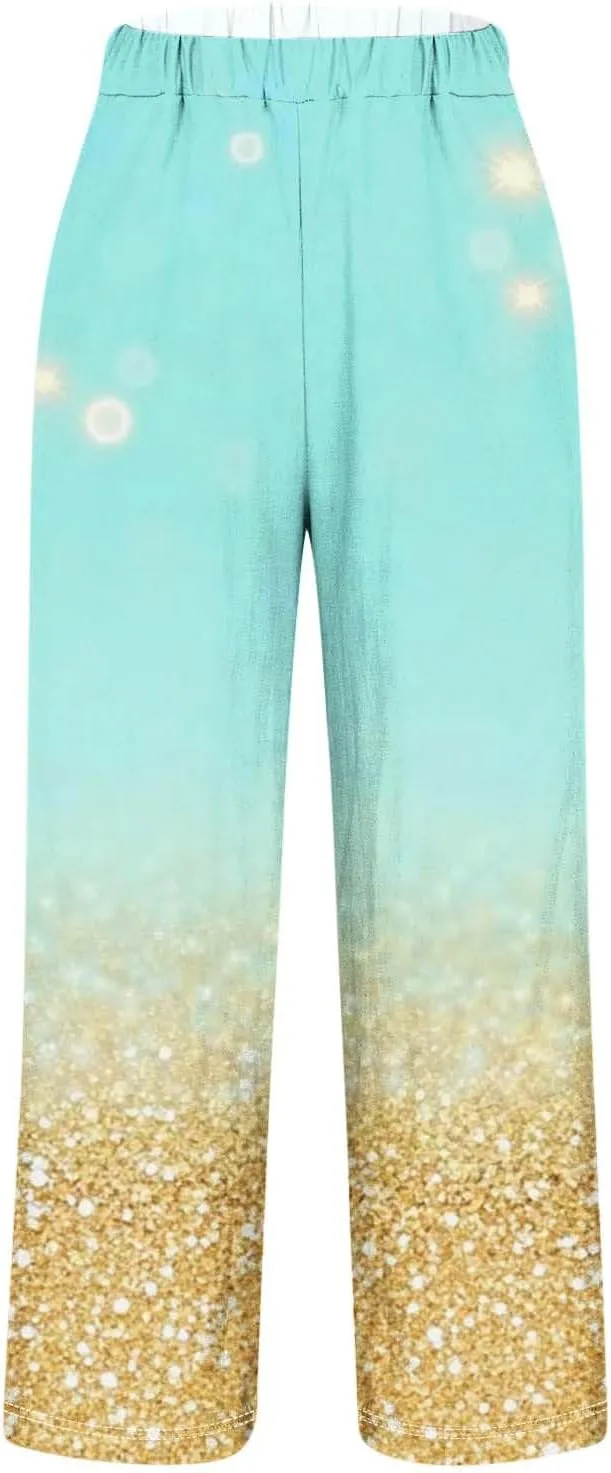 Summer Boho Cotton Linen Pant for Women, Lightweight Elastic Waist Baggy Casual Trousers with Pockets