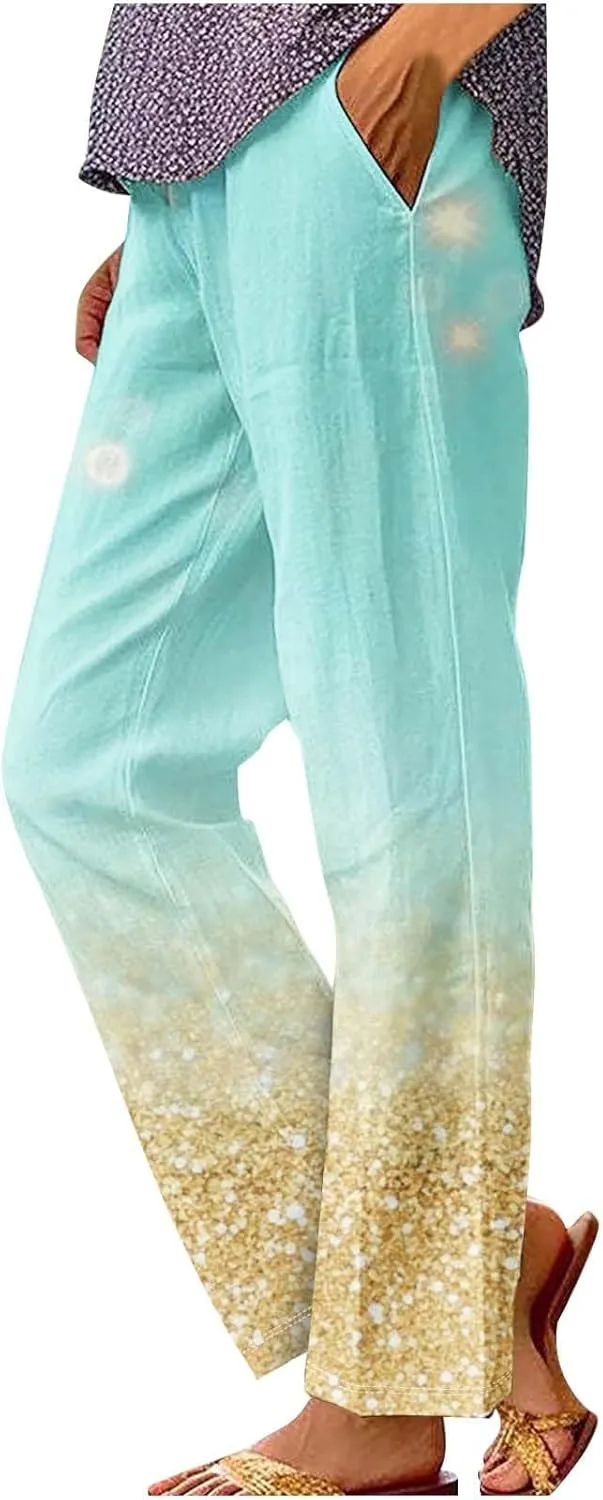 Summer Boho Cotton Linen Pant for Women, Lightweight Elastic Waist Baggy Casual Trousers with Pockets