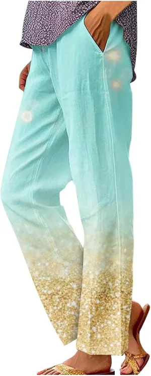 Summer Boho Cotton Linen Pant for Women, Lightweight Elastic Waist Baggy Casual Trousers with Pockets