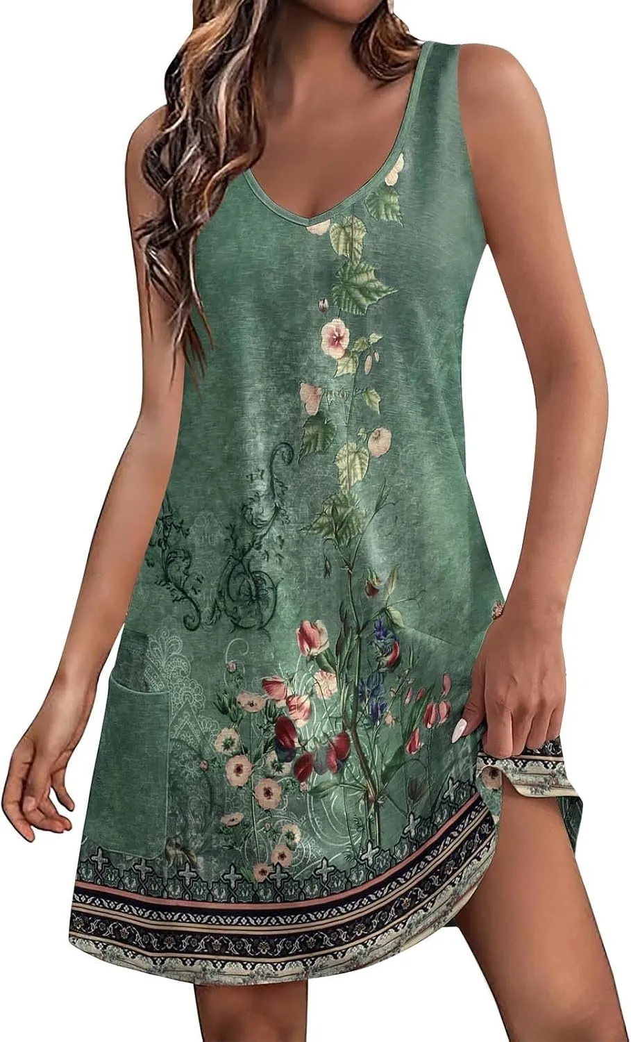 Summer Dresses for Women 2024 Women's Beach Casual Sleeveless Floral Print Boho Tank Dress Loose Sundress with Pocket