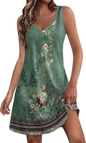 Summer Dresses for Women 2024 Women's Beach Casual Sleeveless Floral Print Boho Tank Dress Loose Sundress with Pocket