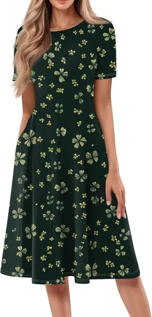 Summer Dresses for Women 2025 Midi Short Sleeve Round Neck Dresses Elegant Pleated with Pocket Flower Print Dress