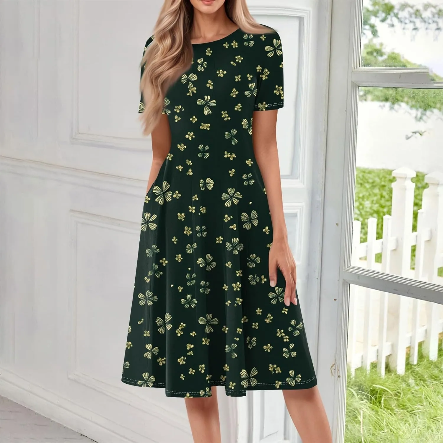 Summer Dresses for Women 2025 Midi Short Sleeve Round Neck Dresses Elegant Pleated with Pocket Flower Print Dress