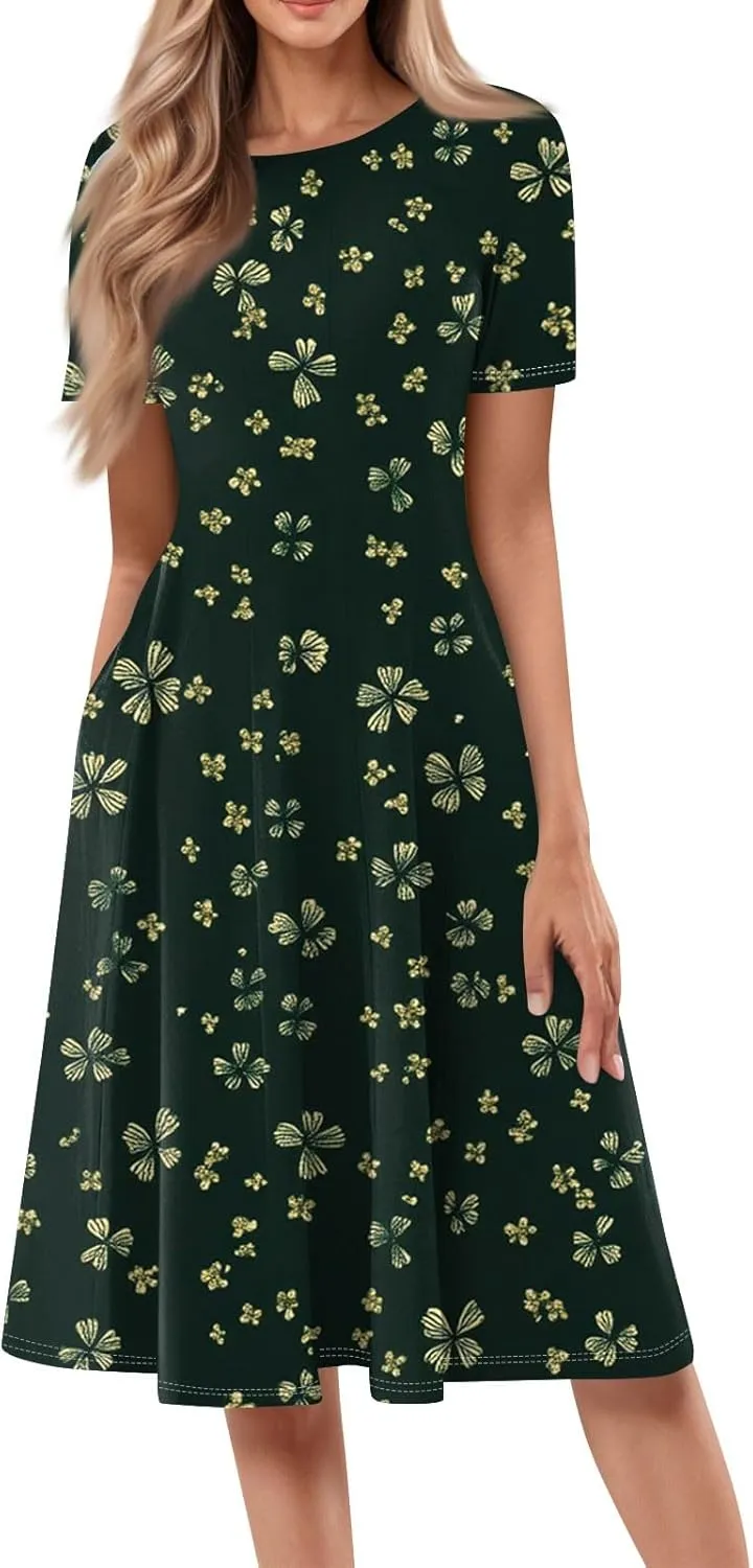 Summer Dresses for Women 2025 Midi Short Sleeve Round Neck Dresses Elegant Pleated with Pocket Flower Print Dress