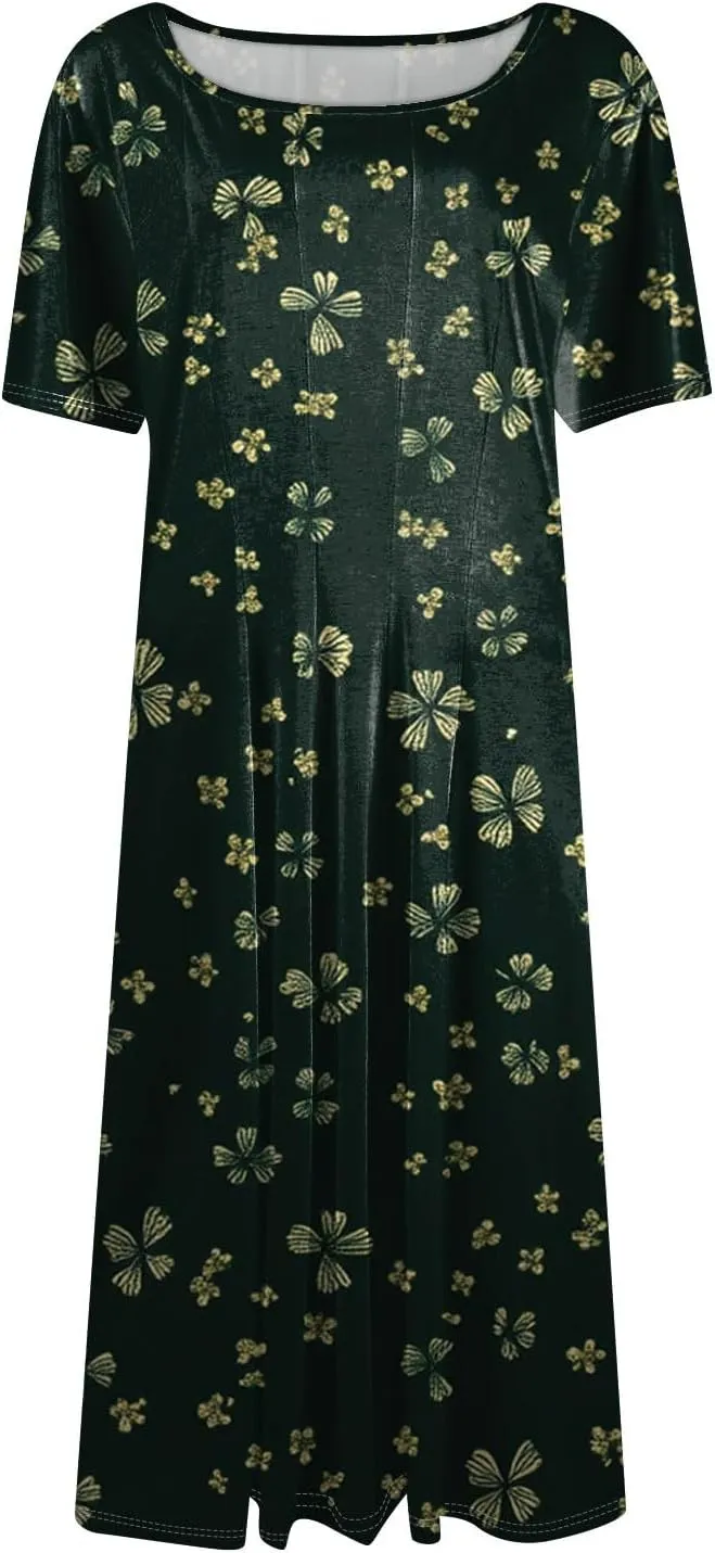 Summer Dresses for Women 2025 Midi Short Sleeve Round Neck Dresses Elegant Pleated with Pocket Flower Print Dress