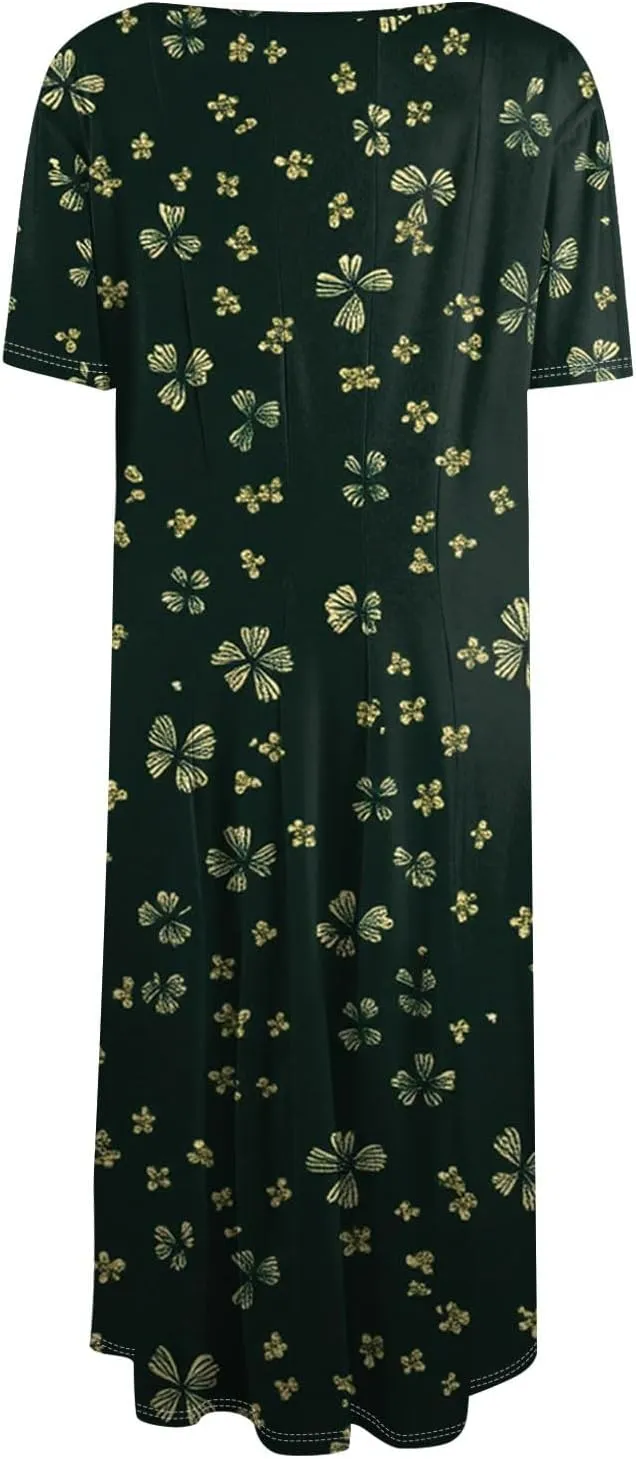 Summer Dresses for Women 2025 Midi Short Sleeve Round Neck Dresses Elegant Pleated with Pocket Flower Print Dress