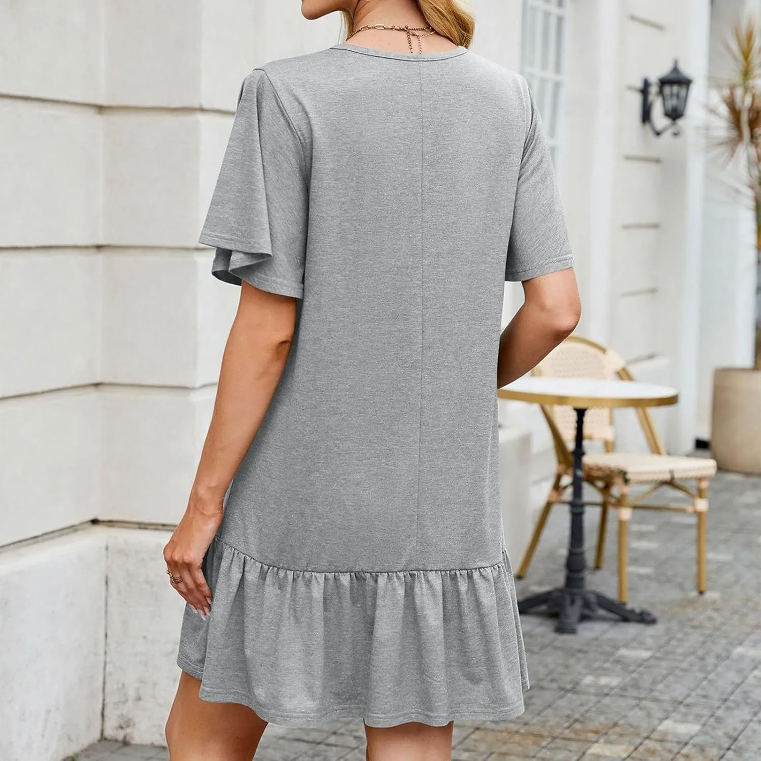 Summer Dresses for Women 2025 Short Sleeve Tshirt Dress Ruffle Hem Solid Loose Pleated Smock Mini Dresses