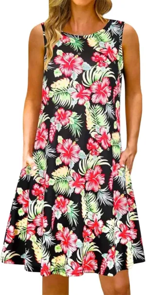 Summer Dresses for Women Beach Boho Sleeveless Vintage Floral Flowy Pocket Tshirt Tank Sundresses Round Neck Swing Dress