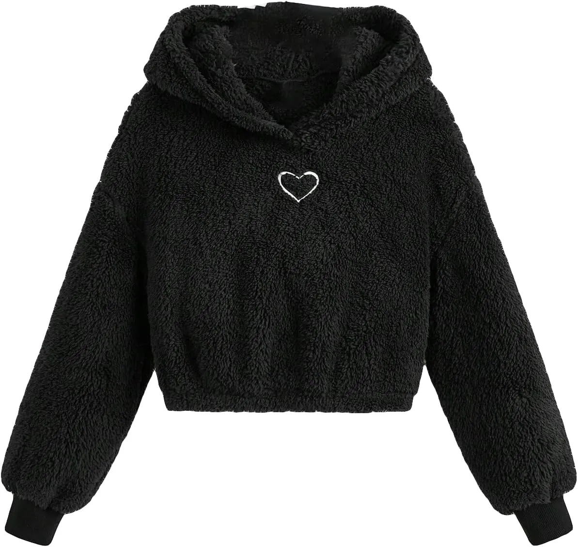 SweatyRocks Girl's Heart Print Drop Shoulder Fuzzy Fleece Sweatshirt Casual Warm Crop Hoodie Sweatshirt Top