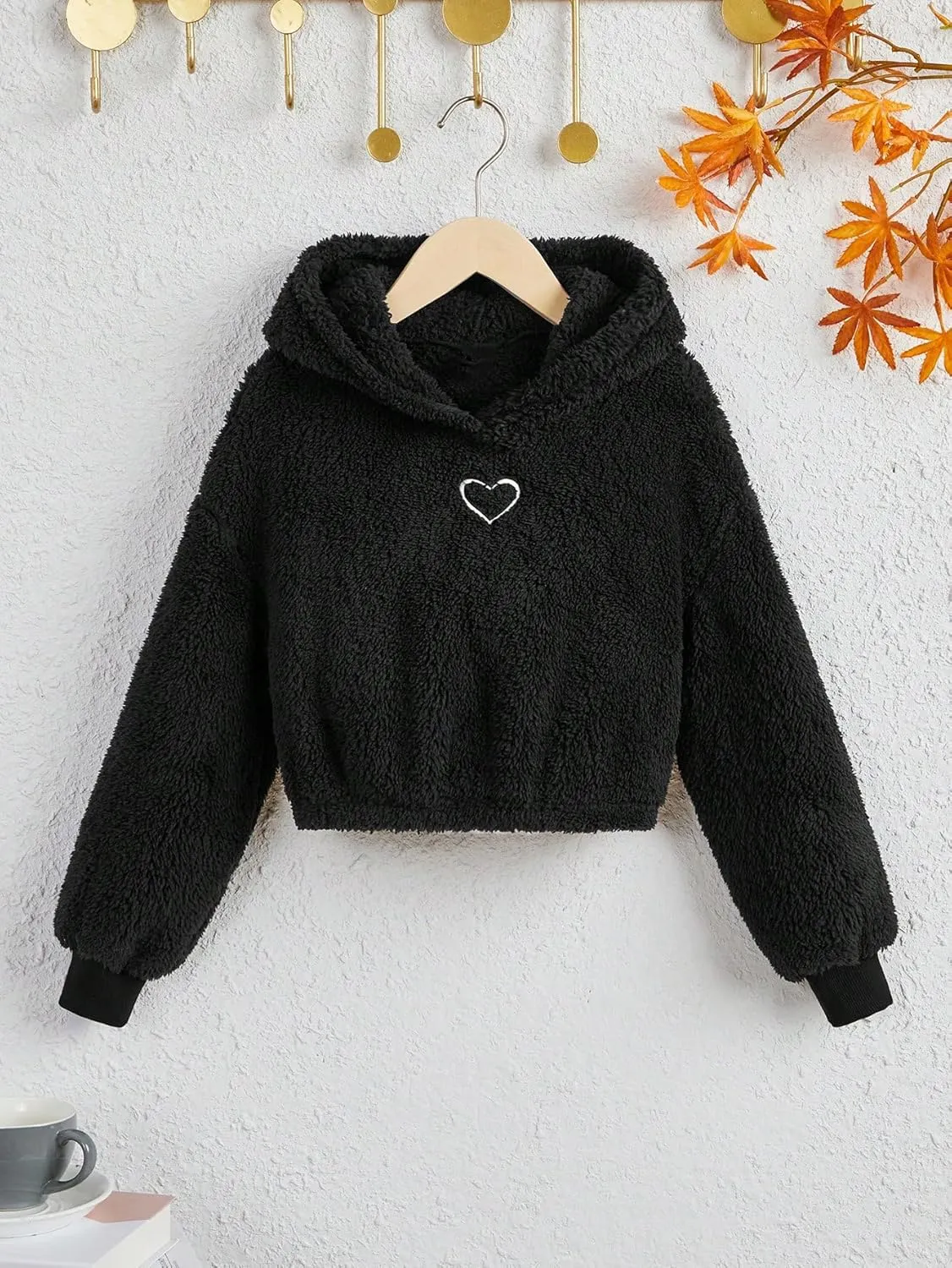 SweatyRocks Girl's Heart Print Drop Shoulder Fuzzy Fleece Sweatshirt Casual Warm Crop Hoodie Sweatshirt Top