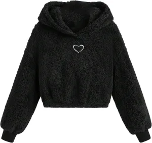 SweatyRocks Girl's Heart Print Drop Shoulder Fuzzy Fleece Sweatshirt Casual Warm Crop Hoodie Sweatshirt Top
