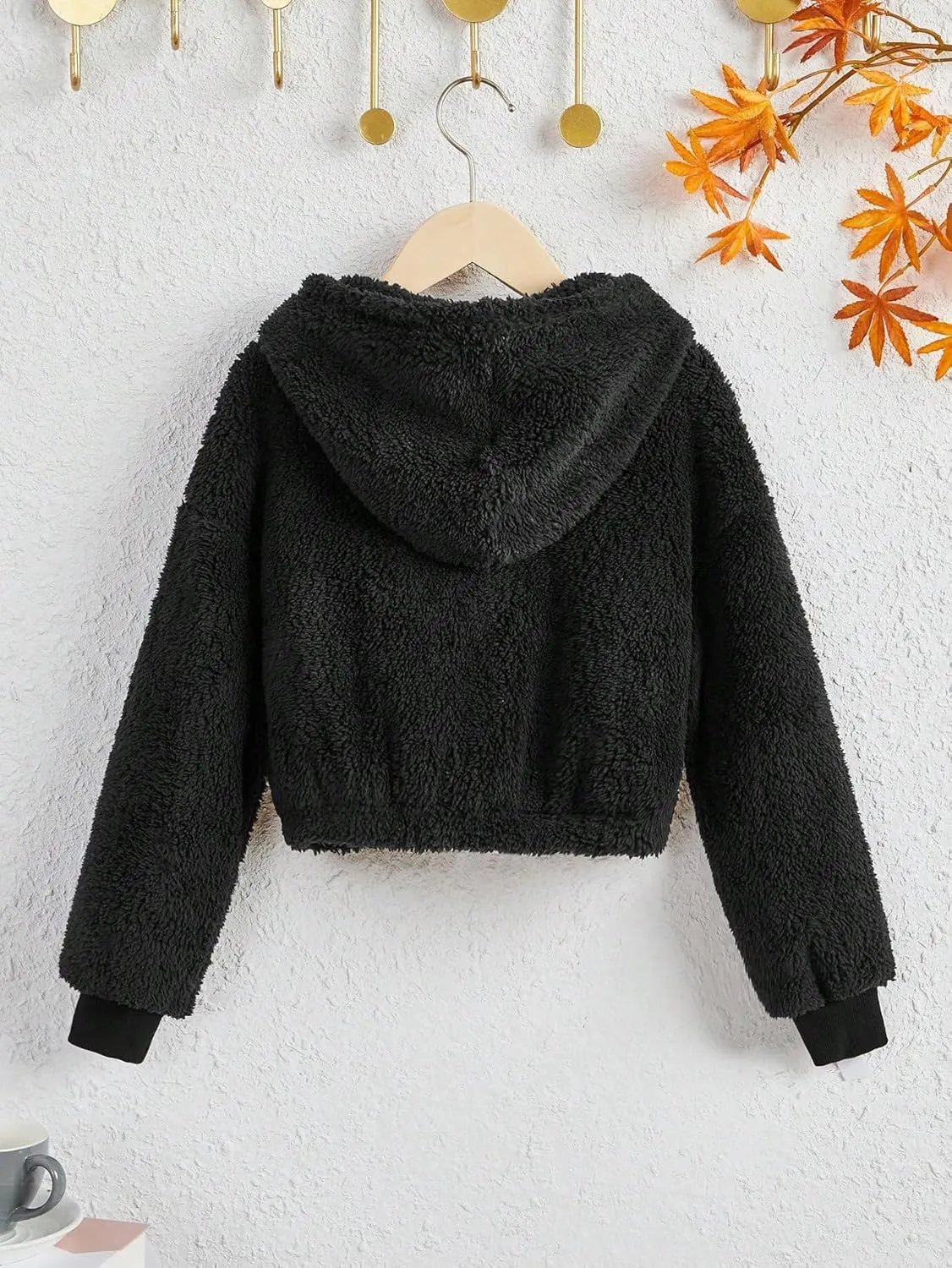 SweatyRocks Girl's Heart Print Drop Shoulder Fuzzy Fleece Sweatshirt Casual Warm Crop Hoodie Sweatshirt Top