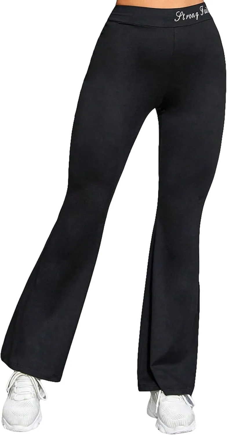 SweatyRocks Women's Letter Graphic Print Flare Leg Sports Pants Casual High Waist Long Trousers Yoga Pants