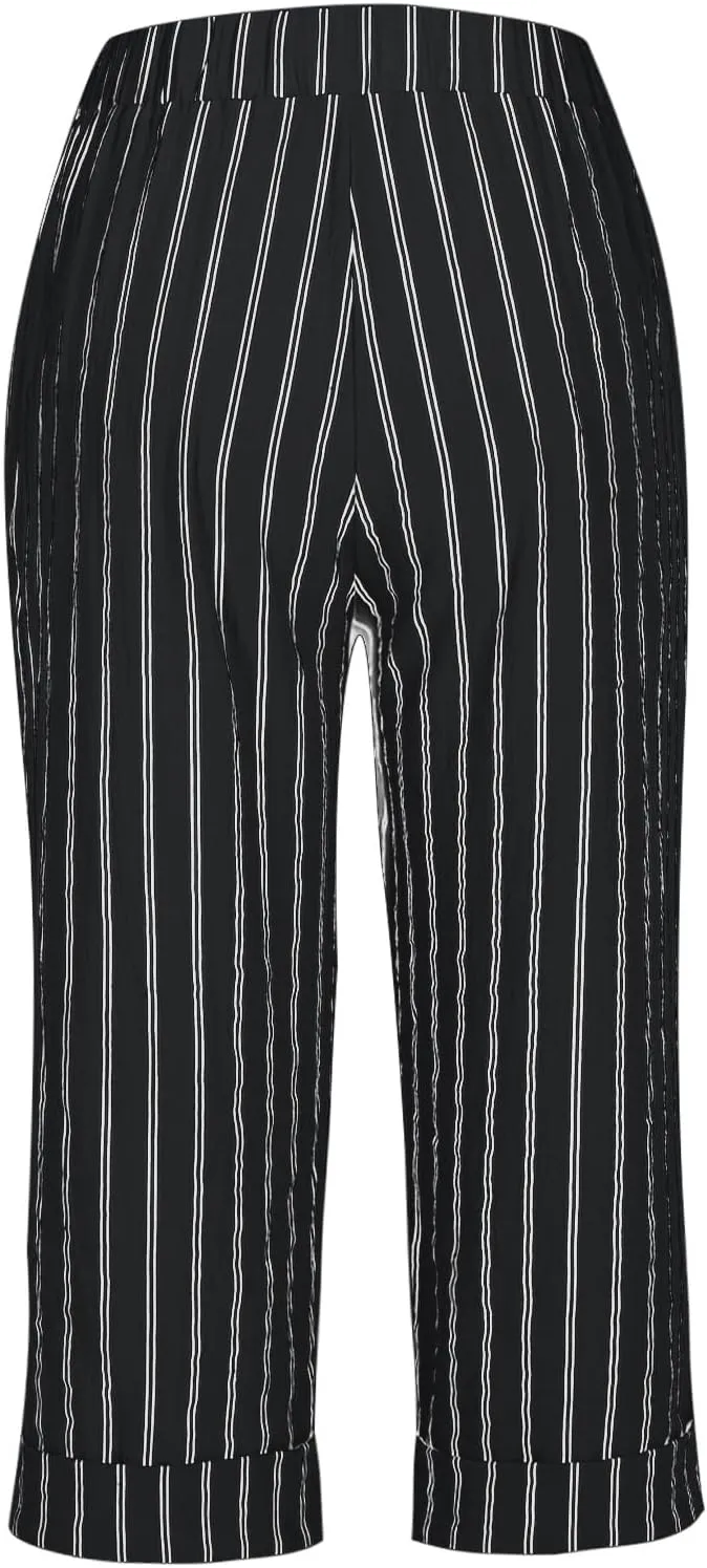 TARIENDY Capri Pants for Women Dressy Casual Summer Capris Comfy Fit Striped Cropped Trousers Vacation Outfits with Pockets